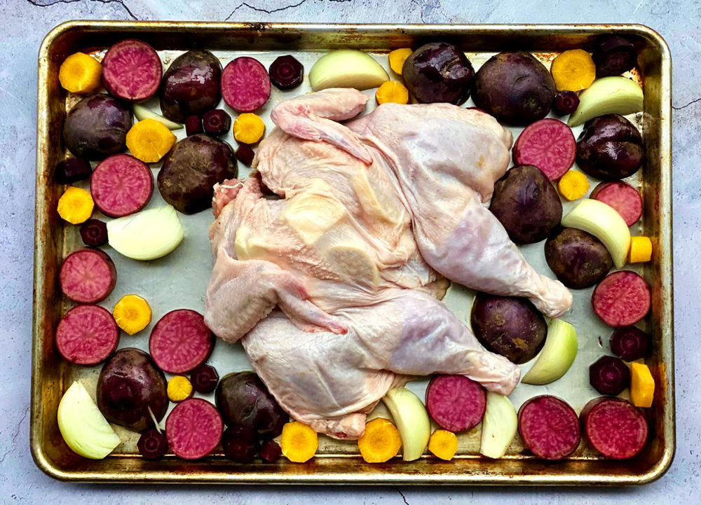 Flattened Chicken and Vegetables on a Sheet Pan